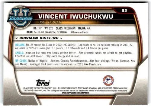 Basketball card back featuring Bowman University Chrome original gloss for Vincent Iwuchukwu