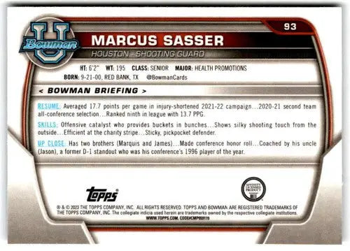 2022-23 Bowman University Chrome #93 Marcus Sasser NM Near Mint 1st Bow ID:65426 - Basketball Card Single