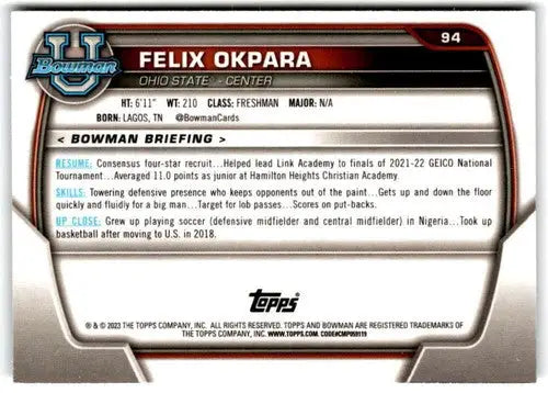 2022-23 Bowman University Chrome #94 Felix Okpara NM Near Mint 1st Bowm ID:65427 - Baseball Card Single
