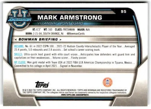 Basketball card back from Bowman University Chrome 2022-23 featuring Mark Armstrong original gloss