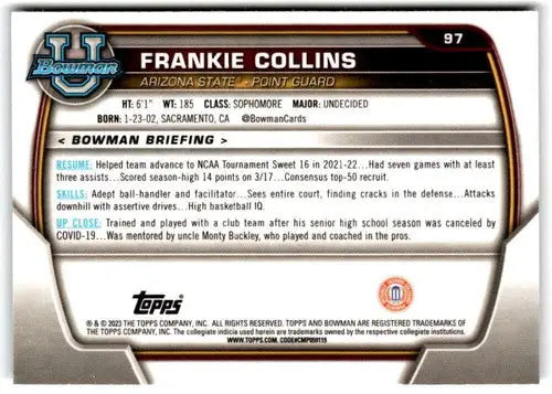 Original gloss Bowman University Chrome Frankie Collins basketball card near mint 1st B