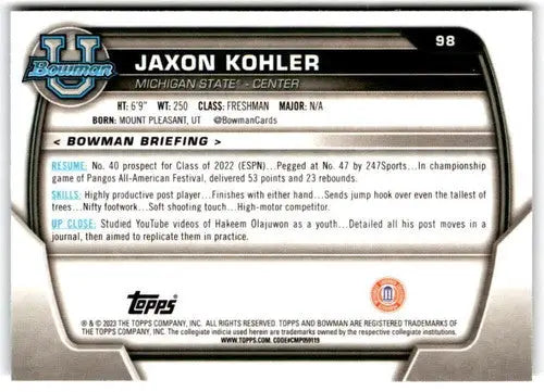 Jaxon Kohler basketball card from Bowman University Chrome 2022-23 product