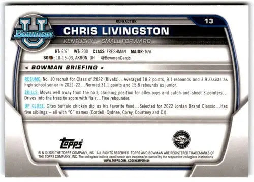 Basketball card back featuring original gloss from 2022-23 Bowman University Chrome Refractor