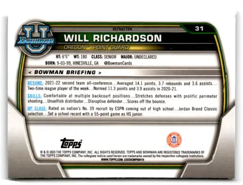 Will Richardson basketball card from Bowman University Chrome Refractor series