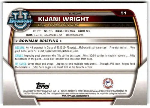 Kijani Wright basketball card from Bowman University Chrome 2022-23 near mint condition