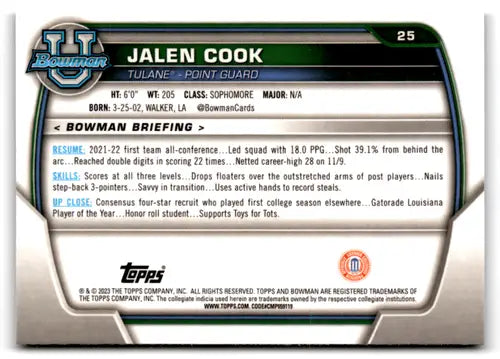Jalen Cook basketball card from Bowman University Chrome Refractor Pink series