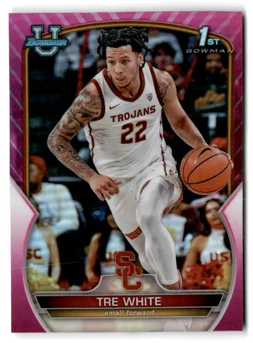 2022-23 Bowman University Chrome Refractor Pink Tre White basketball card near mint