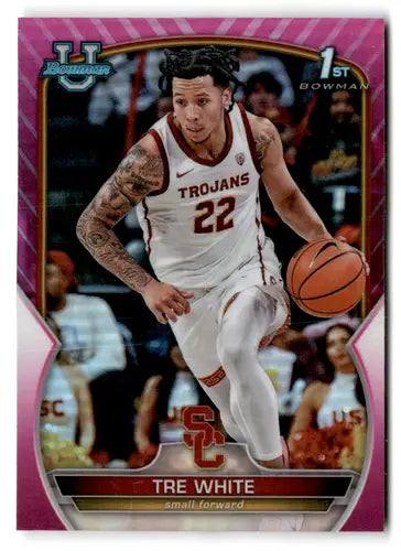 2022-23 Bowman University Chrome Refractor Pink Tre White basketball card with original gloss