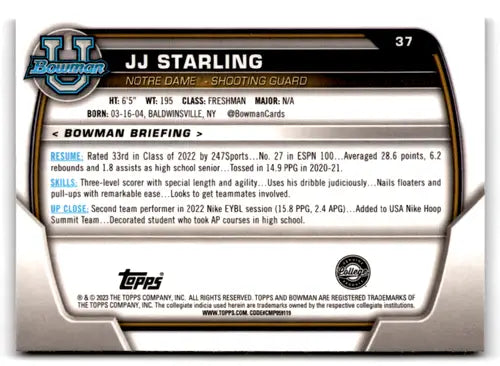 2022-23 Bowman University Chrome Refractor Pink #37 JJ Starling NM Near ID:65461 - Baseball Card Single