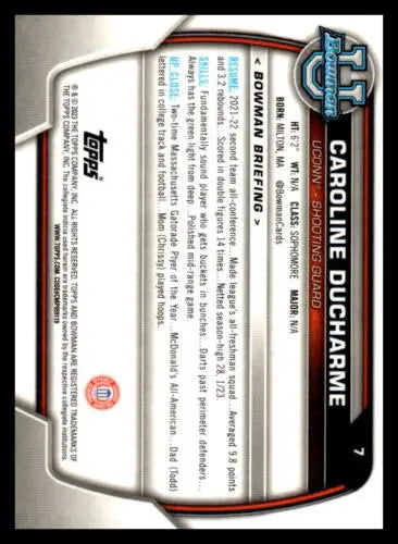 Caroline Ducharme basketball card 2022-23 Bowman Chrome Refractor Pink NM