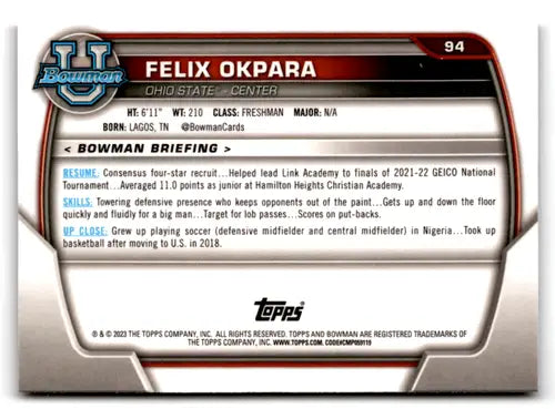 2022-23 Bowman University Chrome Refractor Pink #94 Felix Okpara EX Exc ID:65465 - Baseball Card Single