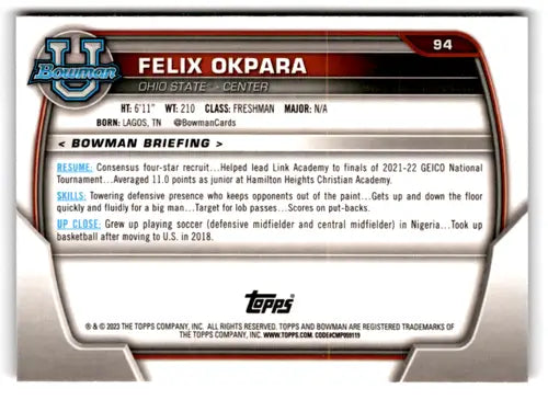 Felix Okpara basketball card from Bowman University Chrome with original gloss and pink refractor