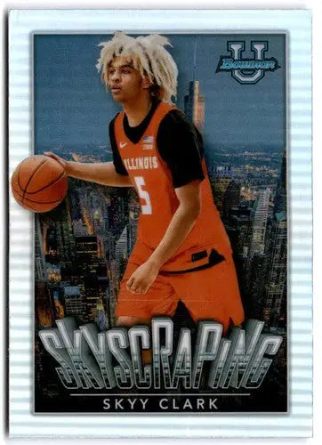 Skyy Clark basketball card in 2022-23 Bowman University Chrome Skyscraping Refractor
