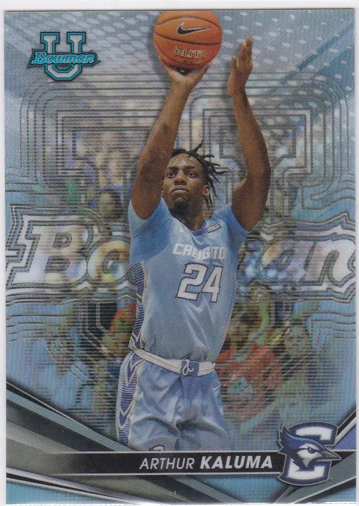 Basketball trading card of Arthur Kaluma in light blue uniform, Bowmans Best Refractor