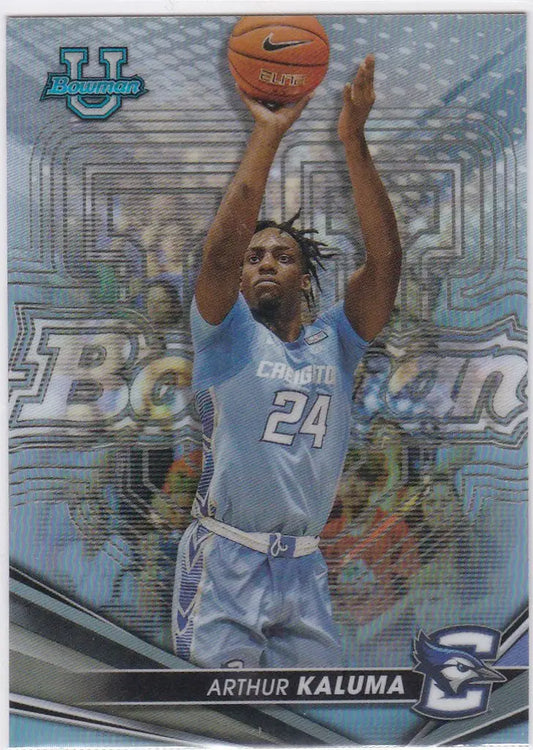 Basketball trading card of Arthur Kaluma in light blue uniform, Bowmans Best Refractor