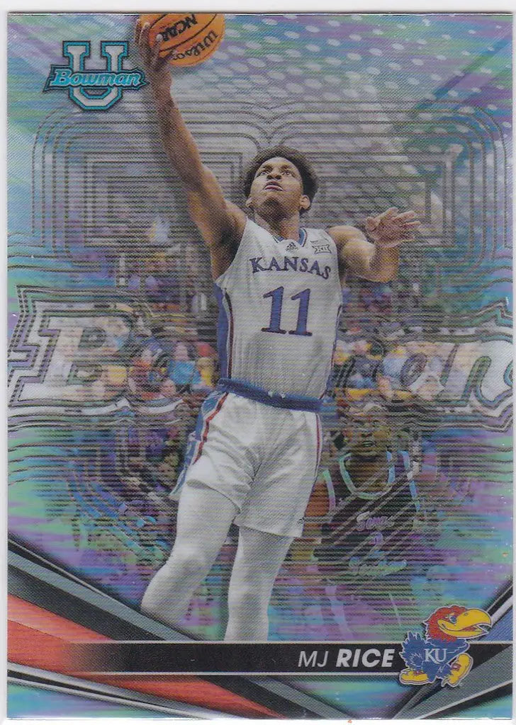 Basketball player in white Kansas jersey 11 leaps to catch ball in Rice Refractor Kansas