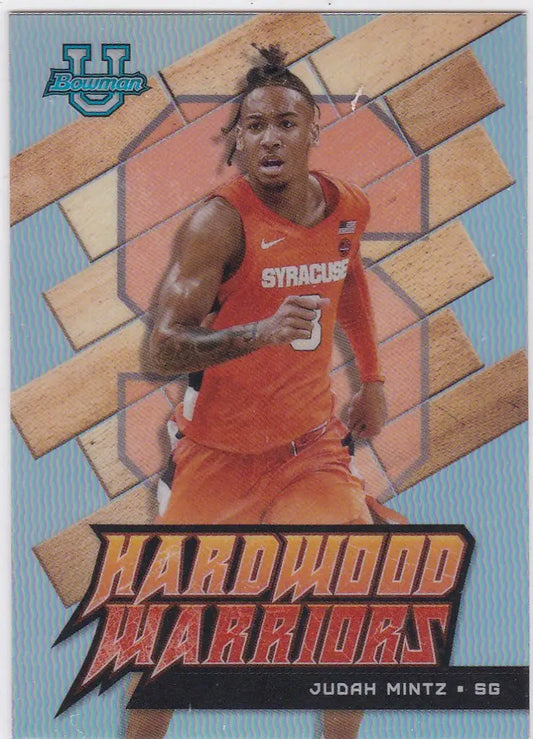 Basketball trading card of Judah Mintz in an orange Syracuse uniform for Hardwood Warriors