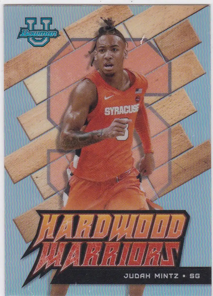 Basketball trading card of Judah Mintz in an orange Syracuse uniform for Hardwood Warriors