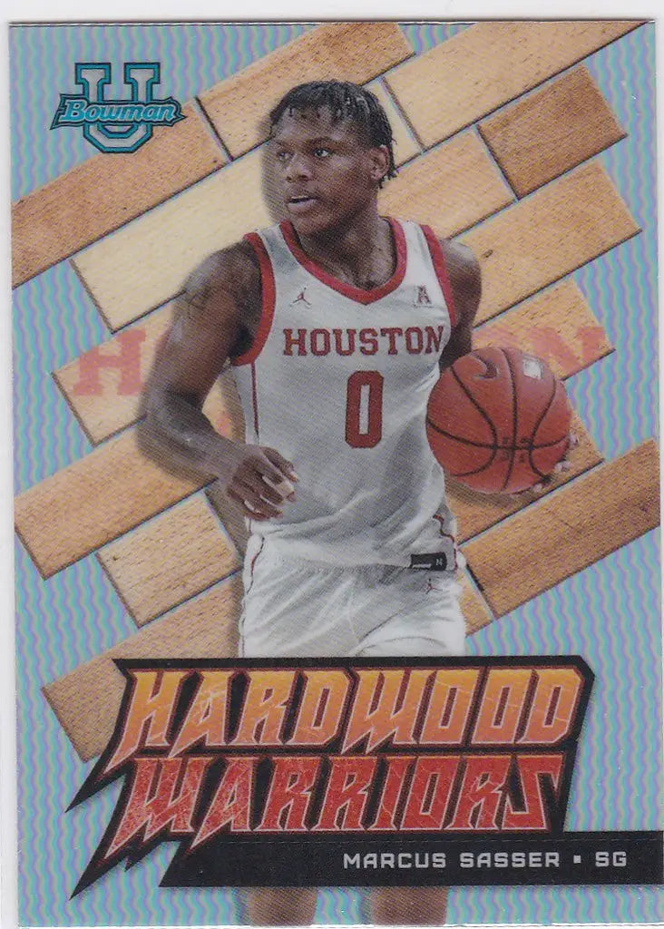 Basketball trading card of Marcus Sasser Hardwood Warriors Houston player dribbling