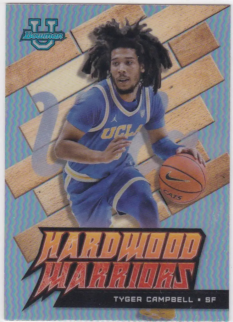 Basketball trading card of Tyger Campbell from UCLA Hardwood Warriors dribbling a basketball