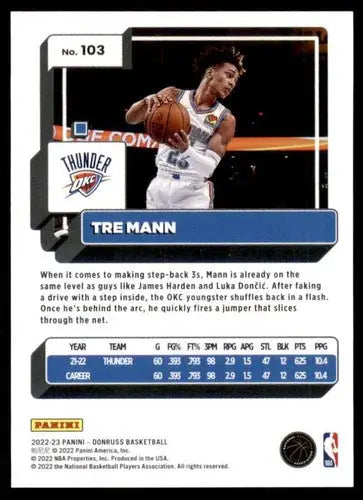 Back of 2022-23 Donruss Tre Mann basketball card with stats and original gloss