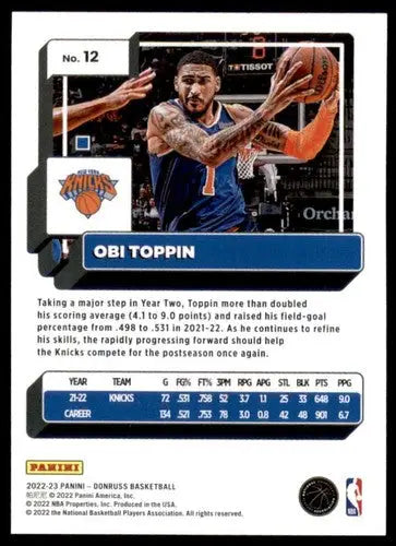 Obi Toppin basketball card with original gloss from 2022-23 Donruss Knicks NM-MT