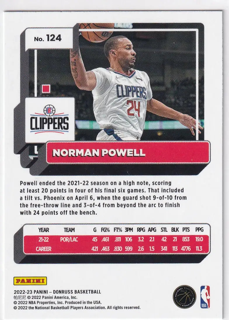 2022-23 DONRUSS #124 NORMAN POWELL GREEN LAZER- LOS ANGELES CLIPPERS