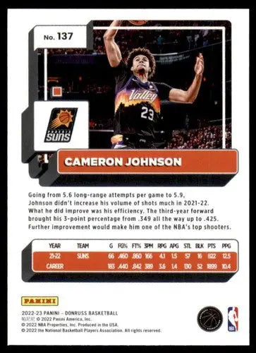 Cameron Johnson basketball card from 2022-23 Donruss with original gloss and Suns ID