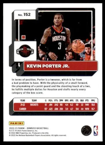 Original gloss Kevin Porter Jr. Rockets trading card showcasing stats and playing style