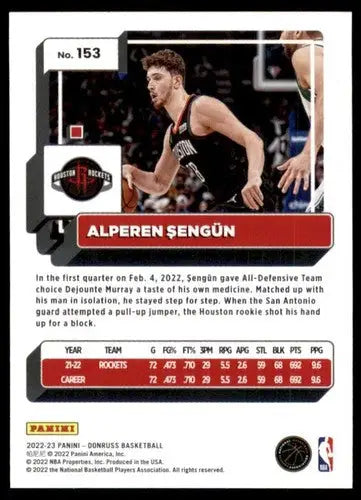 2022-23 Donruss #153 Alperen Sengun NM-MT Rockets ID:57042 - Basketball Card Single