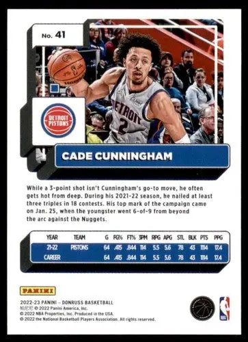 Cade Cunningham basketball card with original gloss, 2022-23 Donruss NM-MT Pistons