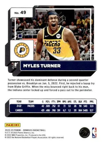 Original gloss Myles Turner basketball card 2022-23 Donruss NM-MT Pacers ID 57270