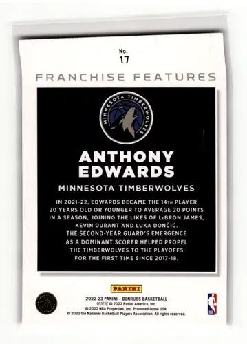 Original gloss 2022-23 Donruss Franchise Features Anthony Edwards basketball card