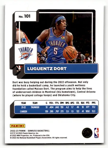 Luguentz Dort basketball card from 2022-23 Donruss Holo Green Laser set with holo green laser effect
