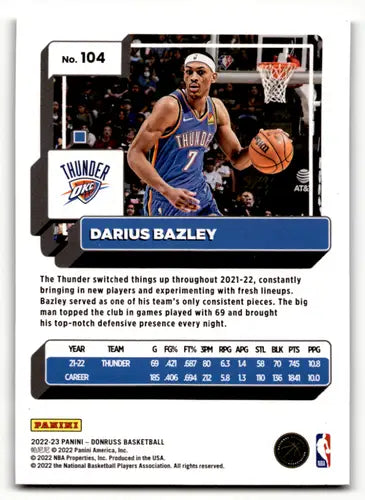 2022-23 Donruss Holo Green Laser #104 Darius Bazley NM-MT Thunder ID:57885 - Basketball Card Single