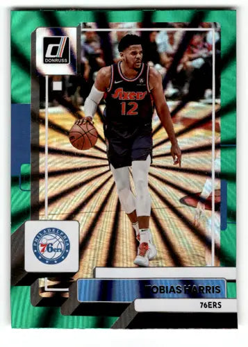 Basketball trading card featuring Tobias Harris in 76ers uniform, donruss holo green laser