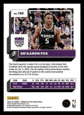 2022-23 Donruss Optic #130 De’Aaron Fox Base Sacramento Kings - Basketball Card Single