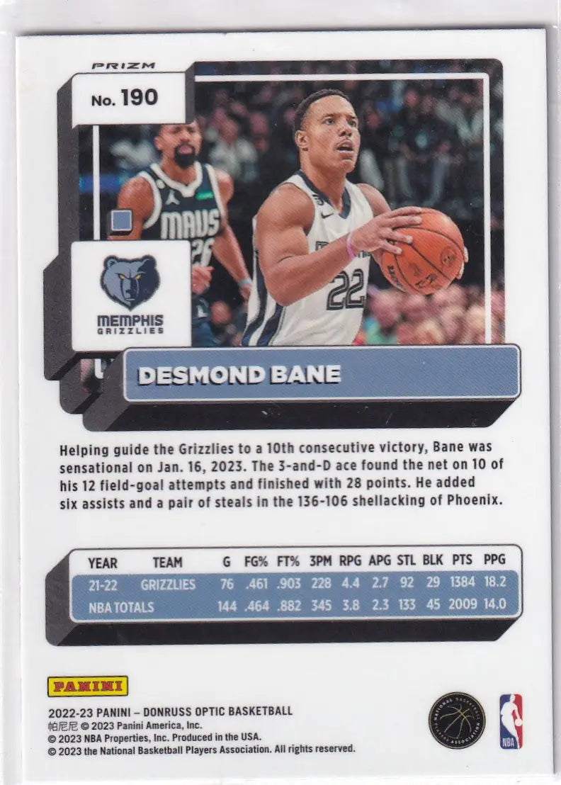 2022-23 DONRUSS OPTIC #190 DESMOND BANE PURPLE- MEMPHIS GRIZZLIES - Basketball Card Single