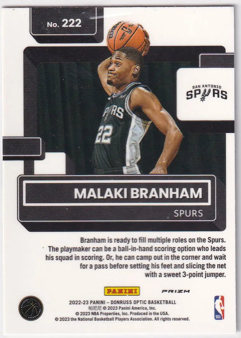 2022-23 DONRUSS OPTIC #222 MALAKI BRANHAM REFRACTOR- SAN ANTONIO SPURS