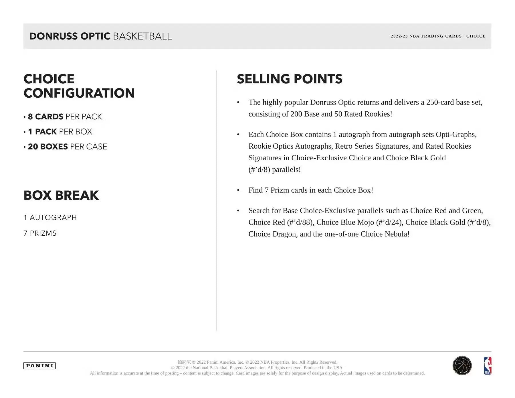 Product information sheet for 2022-23 Donruss Optic Choice NBA Basketball Box featuring rated rookies signatures and choice black gold