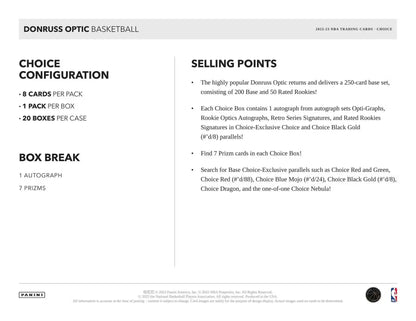 Product information sheet for 2022-23 Donruss Optic Choice NBA Basketball Box featuring rated rookies signatures and choice black gold