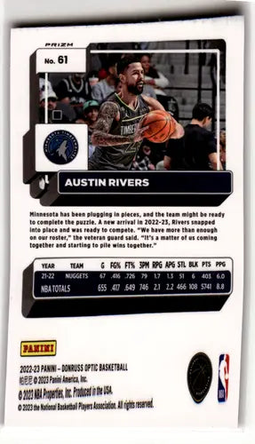 2022-23 Donruss Optic Hyper Pink #61 Austin Rivers NM-MT Timberwolves ID:55971 - Basketball Card Single