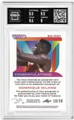 Graded Leaf Vivid Dominique Wilkins basketball trading card featuring autographed Arena Club 9.5