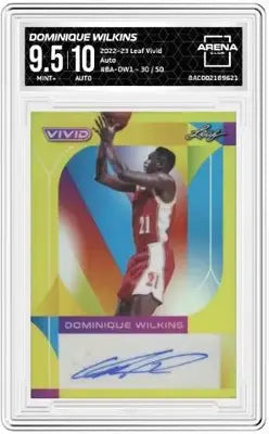 Graded Leaf Vivid Dominique Wilkins trading card with autograph and high 9.5 grade