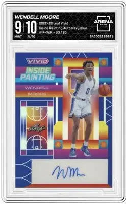 A graded Leaf Vivid Wendell Moore basketball trading card with inside painting auto navy blue