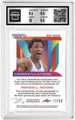 A graded Leaf Vivid Wendell Moore basketball trading card featuring auto 17/50 from Basketball Arena Club