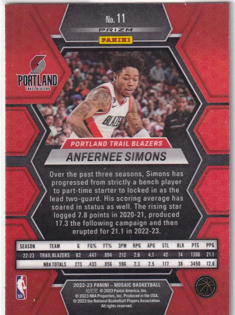 2022-23 MOSAIC #11 ANFERNEE SIMONS GREEN REACTIVE- PORTLAND TRAIL BLAZZERS - Basketball Card Single