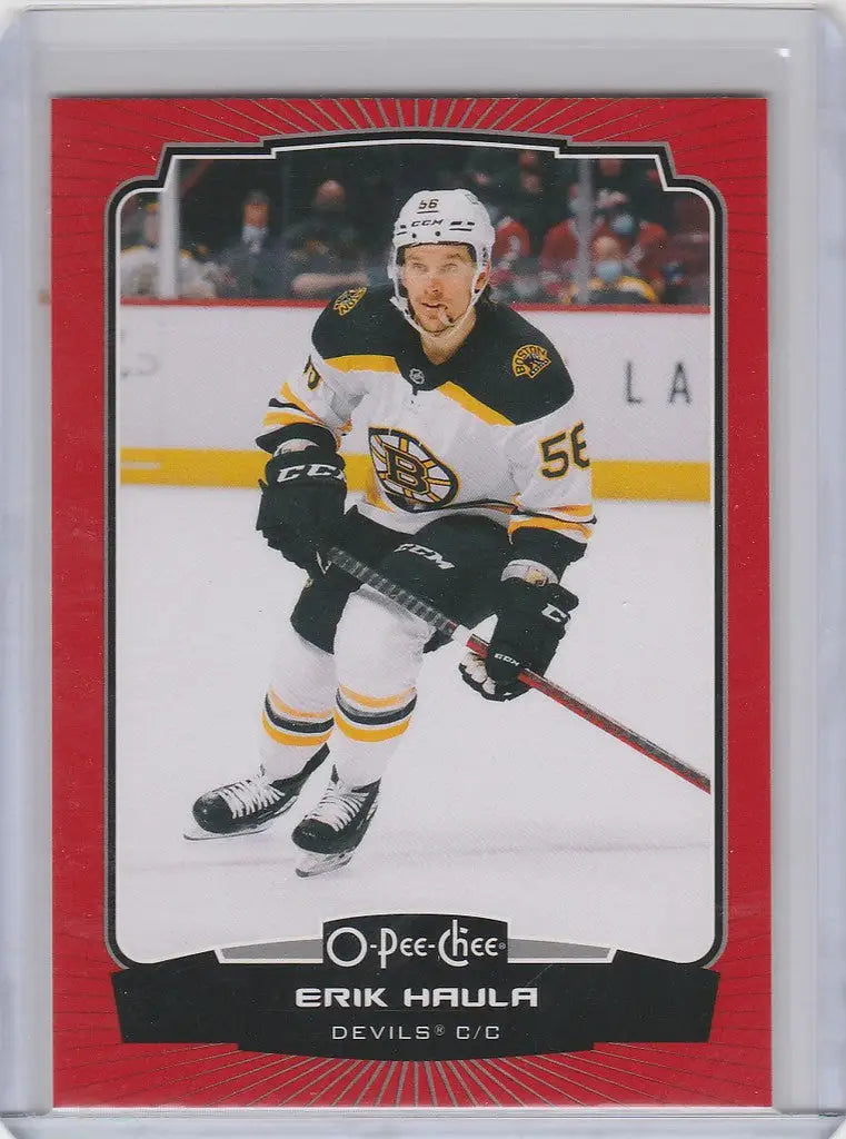 Hockey trading card of Erik Haula from Jersey Devils with a red border design