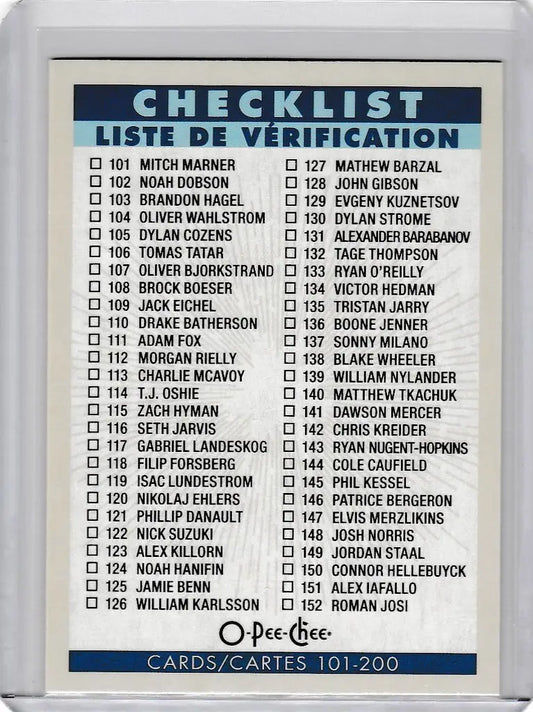 2022-23 OPC Hockey Retro Checklist Card displaying numbered names from sports card set