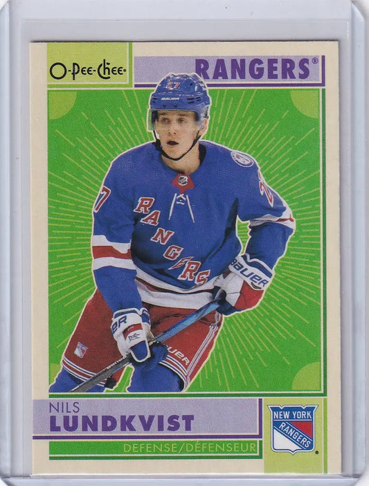 Hockey trading card of Nils Lundkvist in New York Rangers blue jersey from OPC Hockey Retro